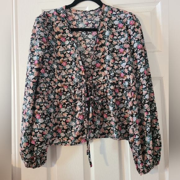 Floral Drawstring Kimono Style Blouse - Picture 2 of 7